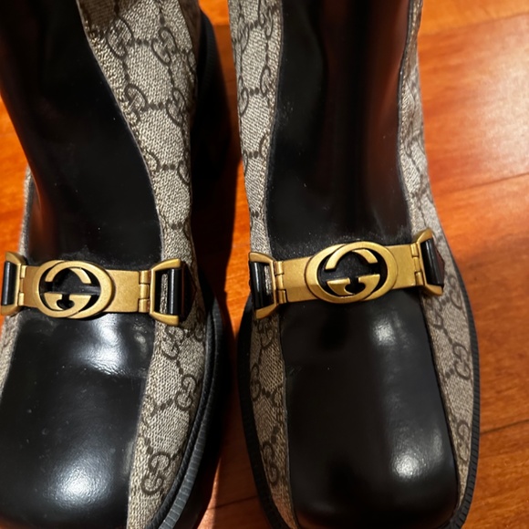 Authentic Gucci Women's Black Interlocking G Horsebit Canvas Ankle Boots - Picture 4 of 6